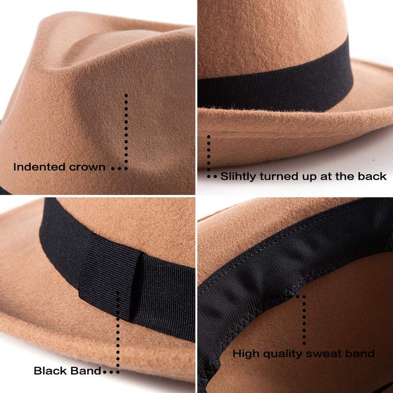 LADYBRO 100% Australian Wool Felt Fedora Hats for Men Khaki Trilby Adjustable 7 1/4 - Image 4
